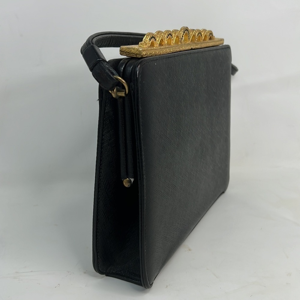 Dobbies Bags Structured Black Crosshatch Leather Snap Close Handbag